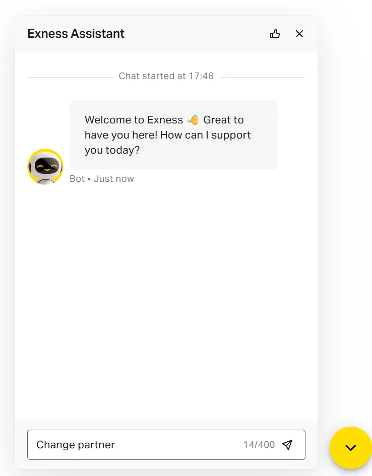 The Exness Assistant chat window with a partner change message typed, ready to send