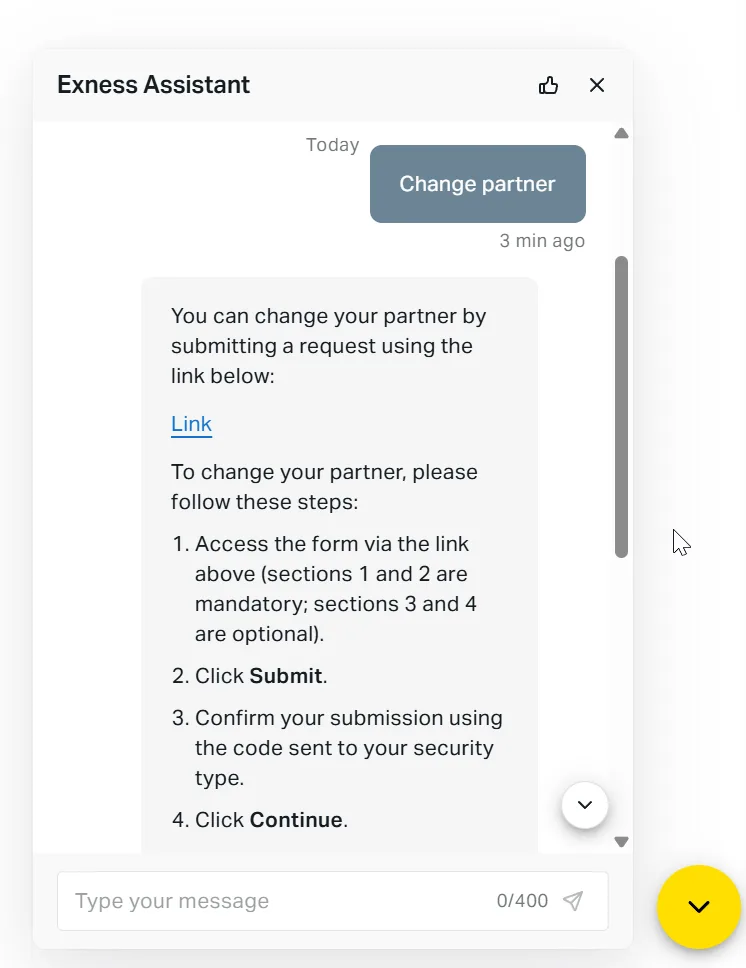 The assistant reply containing the partner change form link