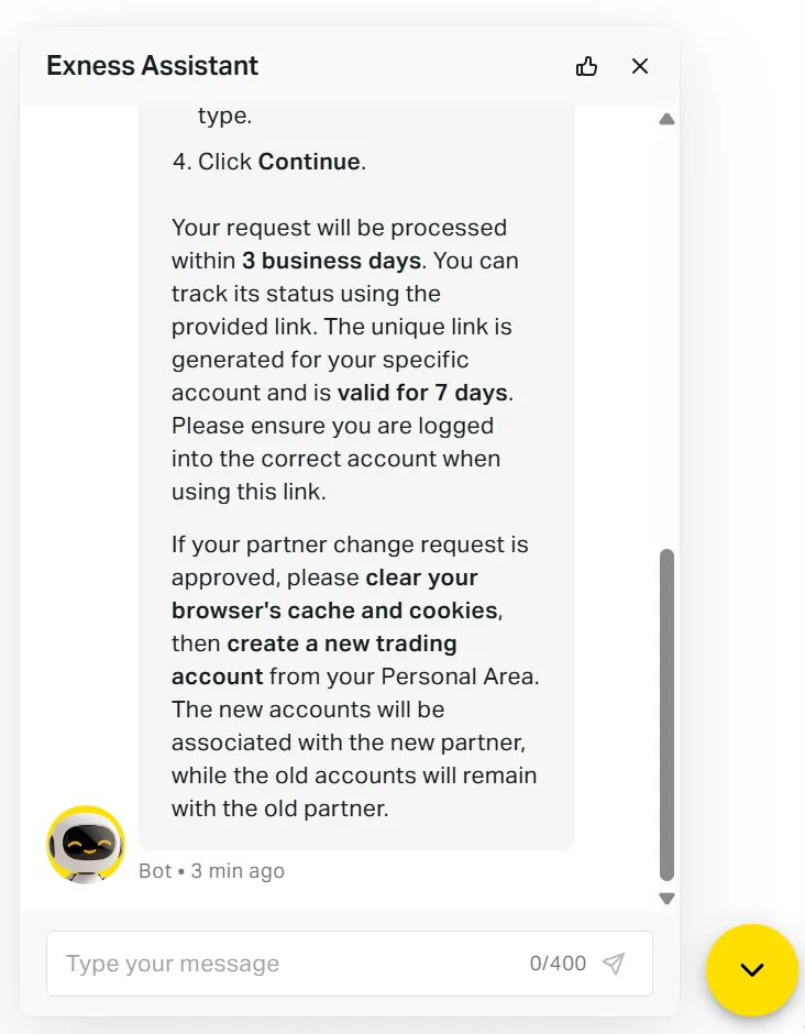 The assistant reply confirming the request is processed within 3 business days