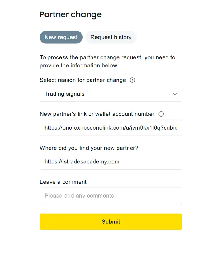 The partner change form inside Exness with the new partner link field visible